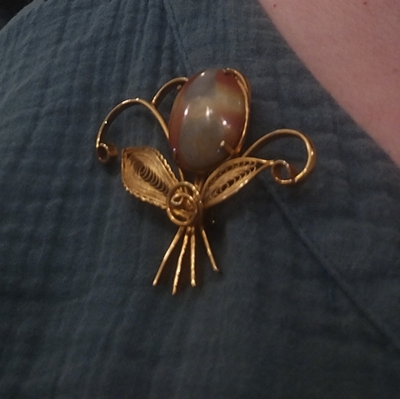 Vintage 10k Gold Filigree Crazy Lace Agate Floral Brooch - Picture 5 of 8